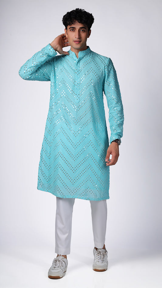 Aqua Blue Kurta with Patterned Mirror Embroidery - BWO by Smit Pithadia