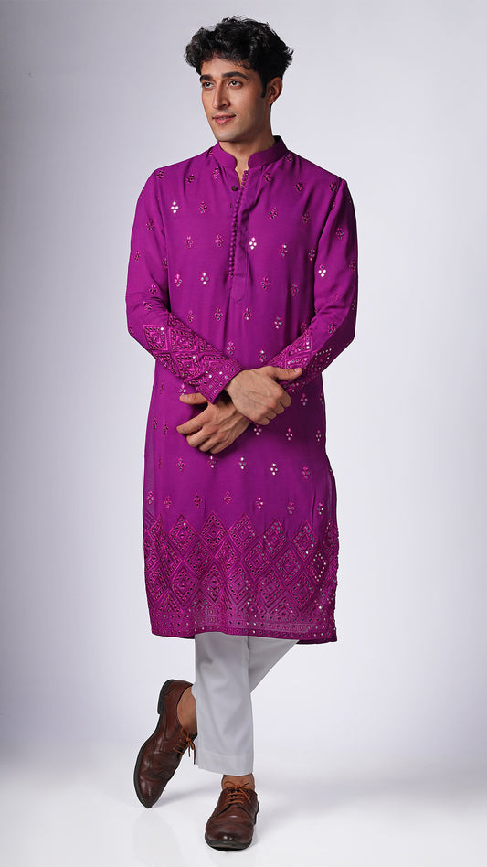 Magenta Kurta with Floral Mirror Embroidery - BWO by Smit Pithadia