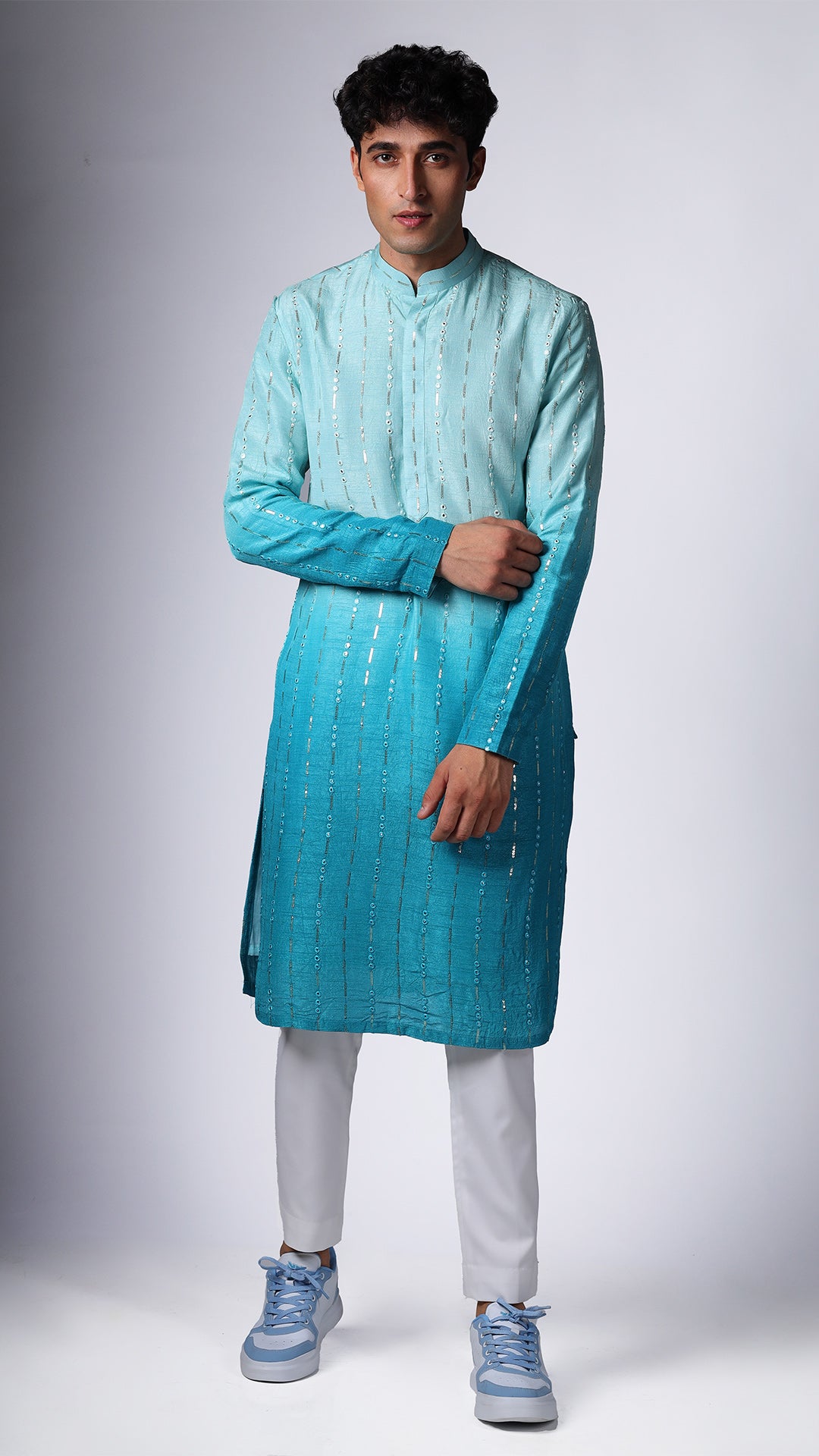 Sky Blue Ombre Kurta with Sequin and Mirror Embellishments - BWO by Smit Pithadia