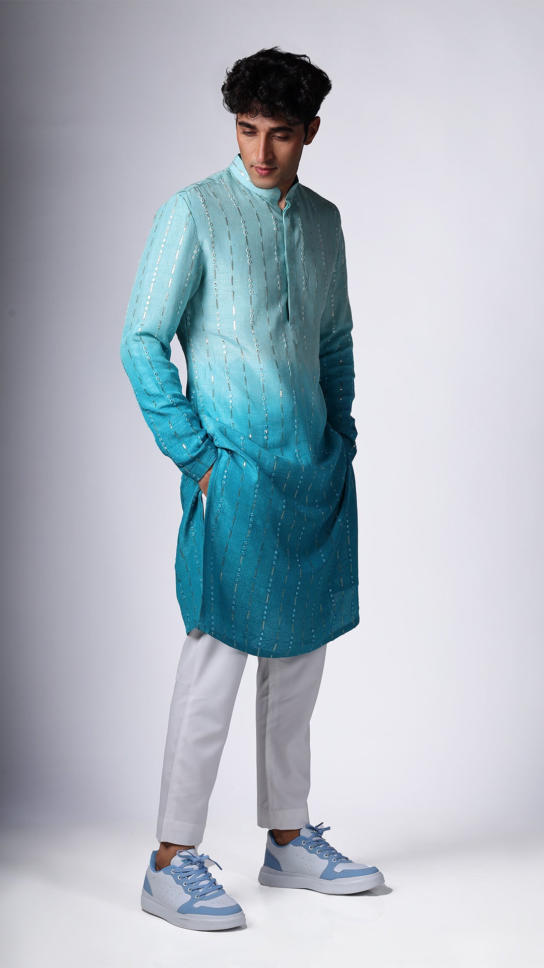 Sky Blue Ombre Kurta with Sequin and Mirror Embellishments - BWO by Smit Pithadia