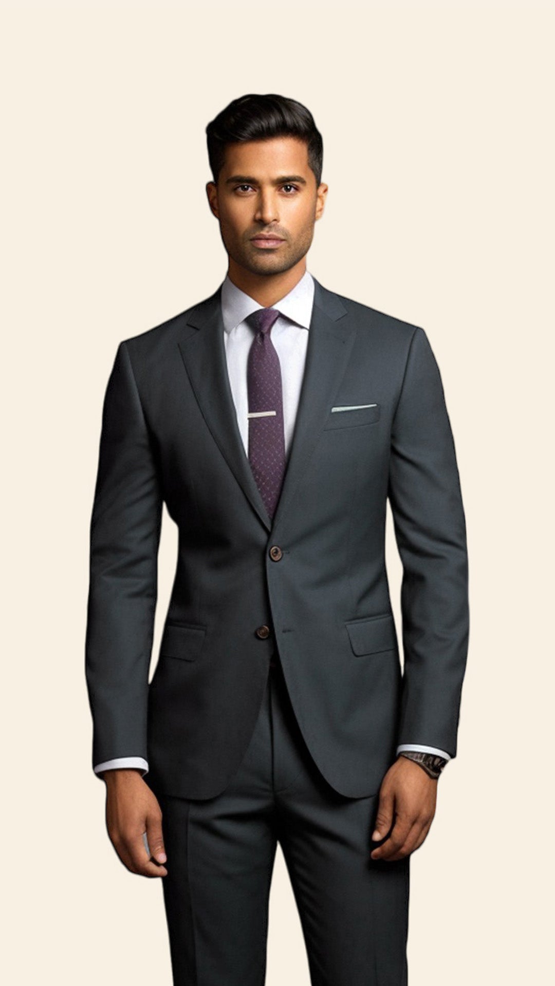 Upper half image of a custom men's Anchor Gray regular suit by BWO, showcasing the meticulous tailoring and refined lapel details.