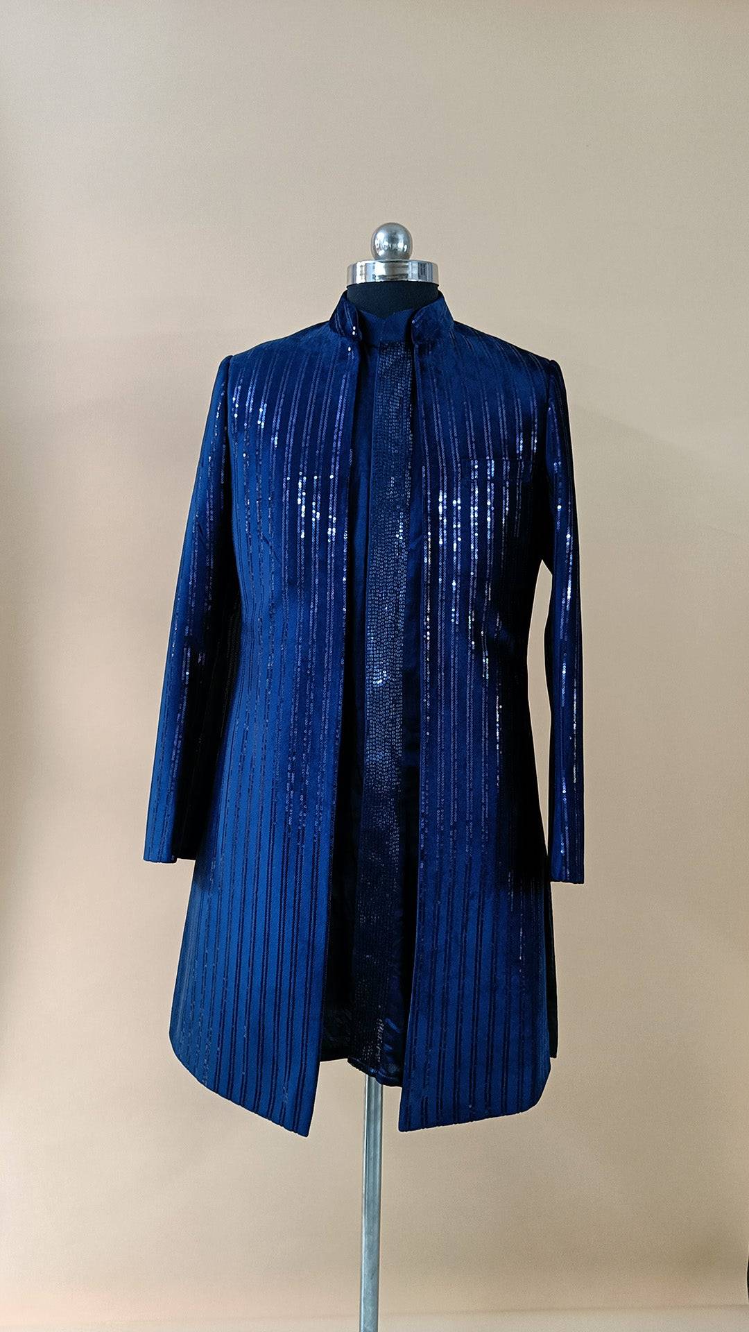 Buy Wedding Outfits Blue Suede Striped Sequins Open Indo-Western Kurta Set - Buyweddingoutfits