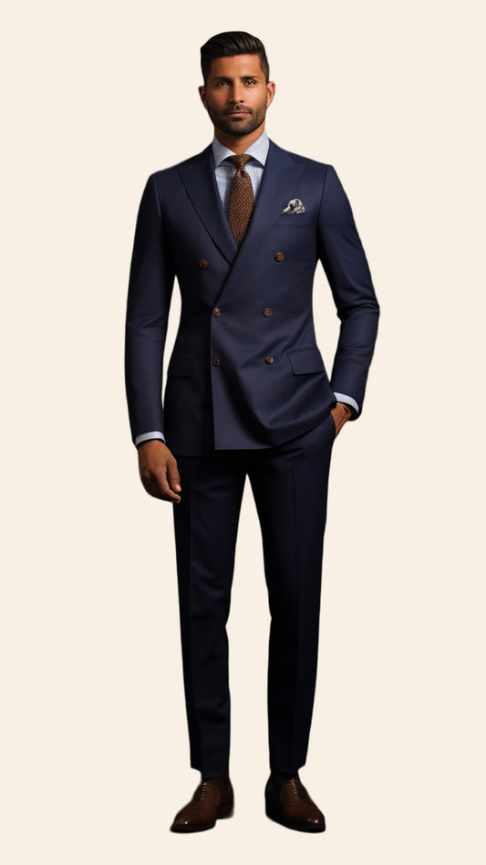 Full view of a custom men's Blue Denim double-breasted suit crafted by BWO. The suit offers a modern and stylish look, perfect for both formal and semi-formal occasions.