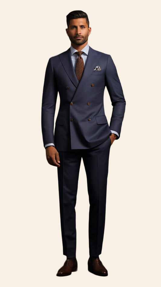 Full view of a custom men's Lead Grey double-breasted suit crafted by BWO. The suit exudes a modern and sophisticated style, ideal for formal events and business attire.