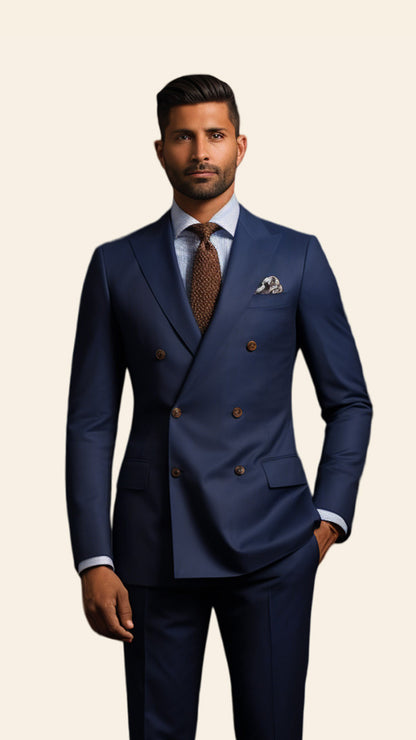 Half image showcasing the upper half of a custom men's Aegean double-breasted suit by BWO, highlighting the intricate details and tailoring of the lapels and buttons.