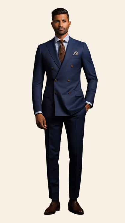 Full image of a custom men's Aegean double-breasted suit crafted by BWO. The suit features a stylish and sophisticated design, perfect for formal occasions