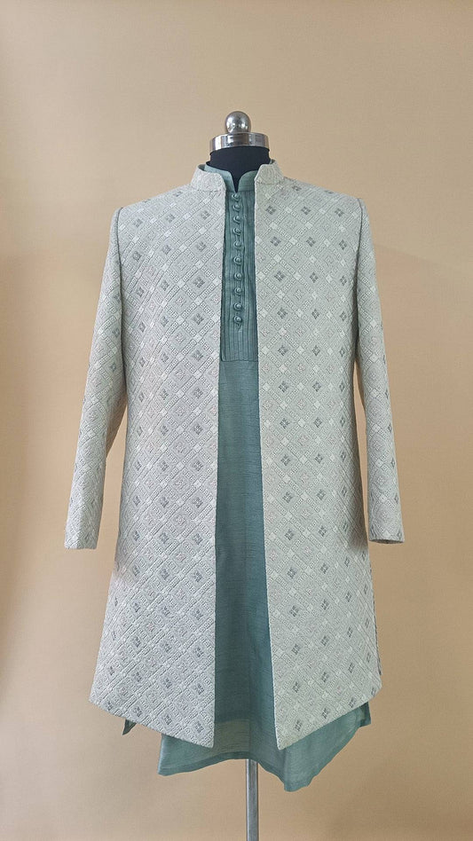 Buy Wedding Outfits Green Silk Floral Rangoli Open Sherwani Kurta Set - Buyweddingoutfits