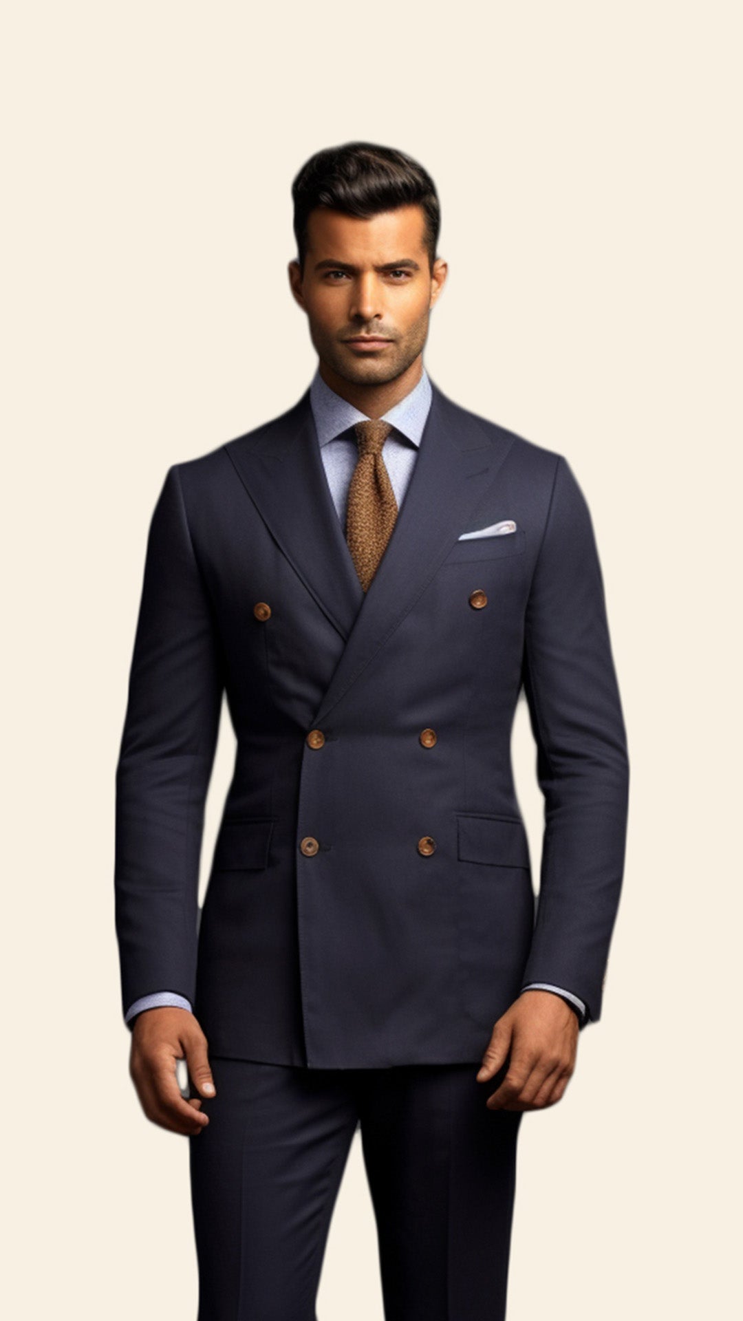 Upper half image of a custom men's Shadow Grey double-breasted suit by BWO, highlighting the precise tailoring and sophisticated lapel details