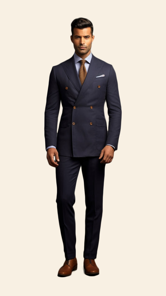 Full view of a custom men's Shadow Grey double-breasted suit crafted by BWO. The suit features a timeless and elegant design, suitable for formal occasions and professional settings.