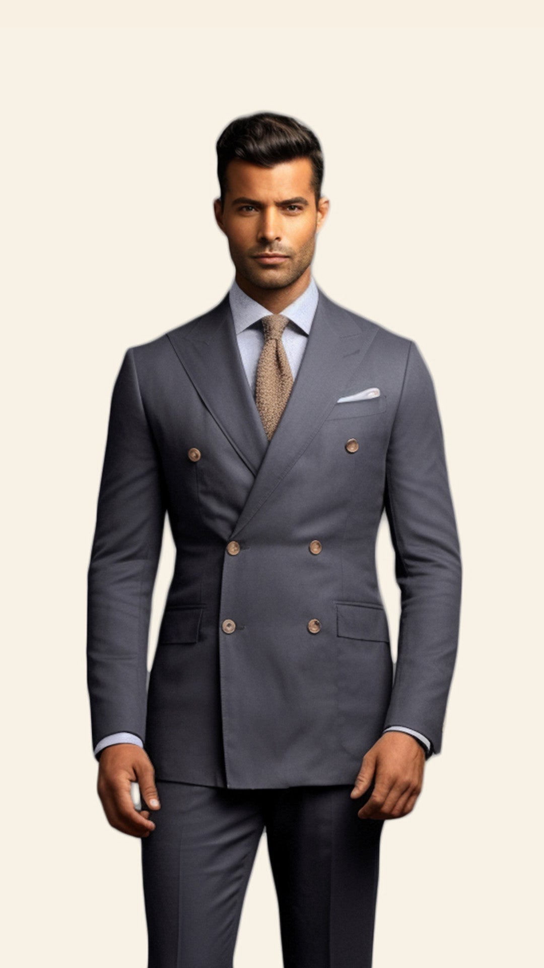 Upper half image of a custom men's Grey double-breasted suit by BWO, showcasing the precise tailoring and elegant lapel details.