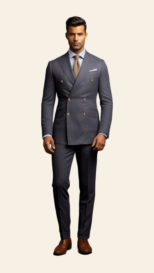 Full view of a custom men's Grey double-breasted suit crafted by BWO. The suit features a timeless and sophisticated design, perfect for formal and professional settings.