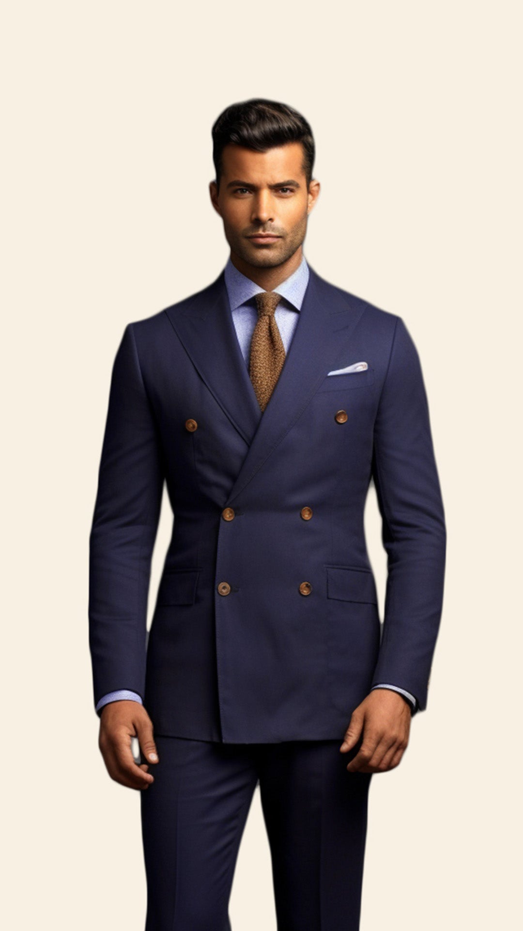 Upper half image of a custom men's Blue Indigo double-breasted suit by BWO, showcasing the precise tailoring and refined lapel details.