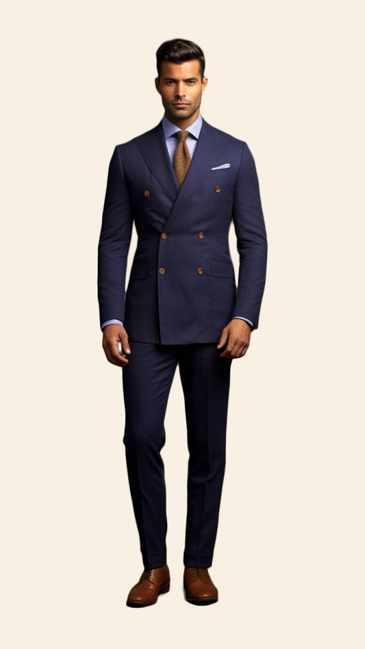 Full view of a custom men's Blue Indigo double-breasted suit designed by BWO. This suit exudes elegance and sophistication, making it ideal for formal events.