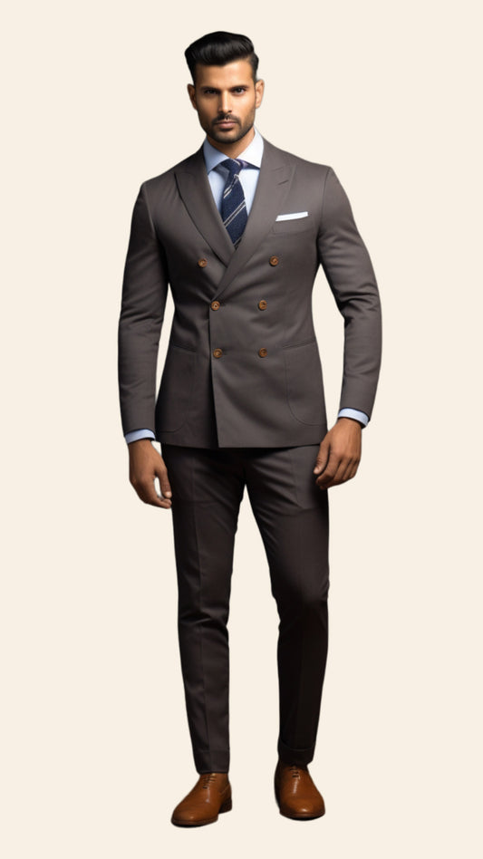 Full view of a custom men's Ash Grey double-breasted suit crafted by BWO. The suit offers a modern and elegant design, suitable for formal and professional occasions.