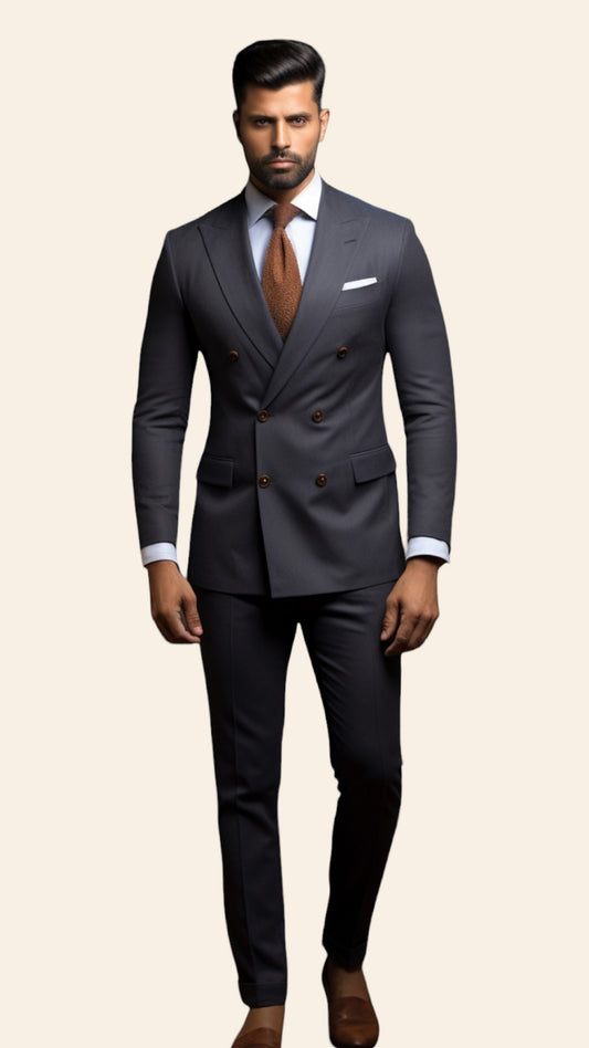 Full view of a custom men's Steel Grey double-breasted suit crafted by BWO. The suit offers a sleek and modern look, perfect for formal events and business attire.