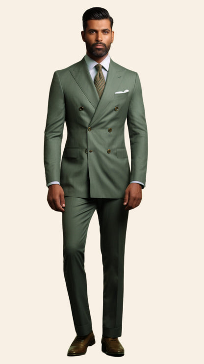 Full view of a custom men's Green Light Pickle double-breasted suit designed by BWO. This suit offers a unique and stylish look, perfect for both formal and semi-formal occasions