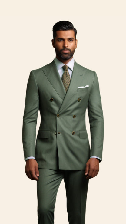 Upper half image of a custom men's Green Light Pickle double-breasted suit by BWO, showcasing the exquisite tailoring and distinctive lapel design