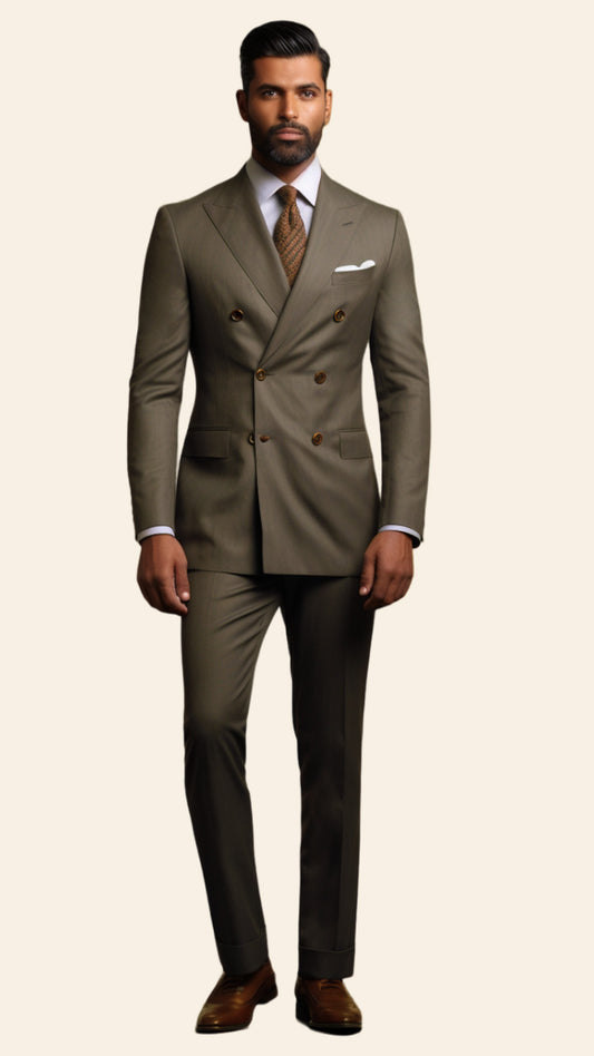 Full view of a custom men's Light Wood double-breasted suit crafted by BWO. The suit features a warm, earthy tone and a sophisticated design, perfect for formal and semi-formal occasions.