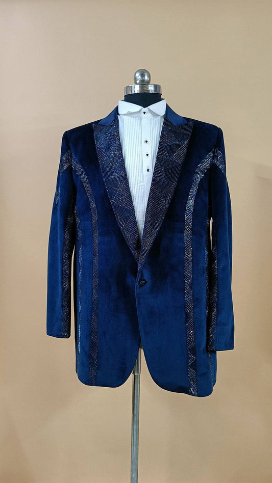 Buy Wedding Outfits Colorful Hand Embroidered Blue Suede Tuxedo Set - Buyweddingoutfits