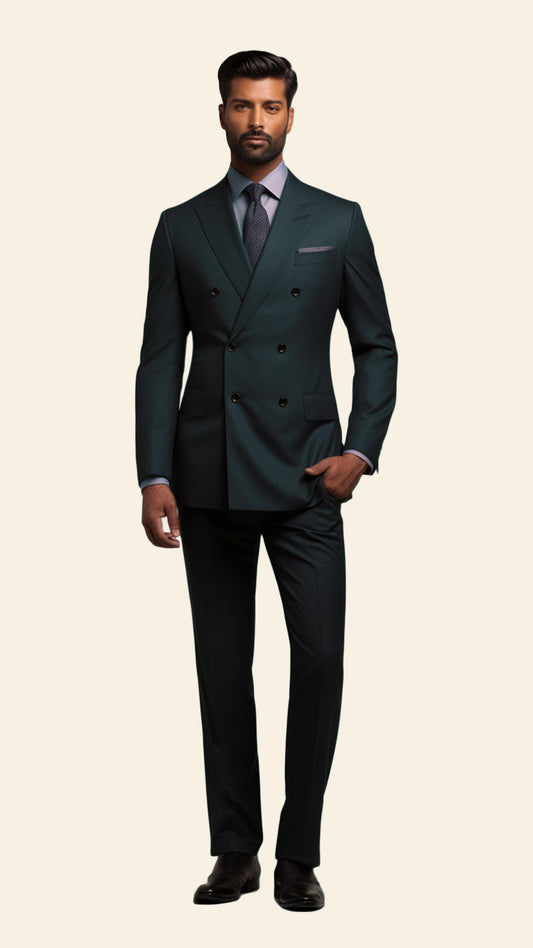 Full view of a custom men's Pine Green double-breasted suit crafted by BWO. The suit features a refined and elegant design, ideal for formal events