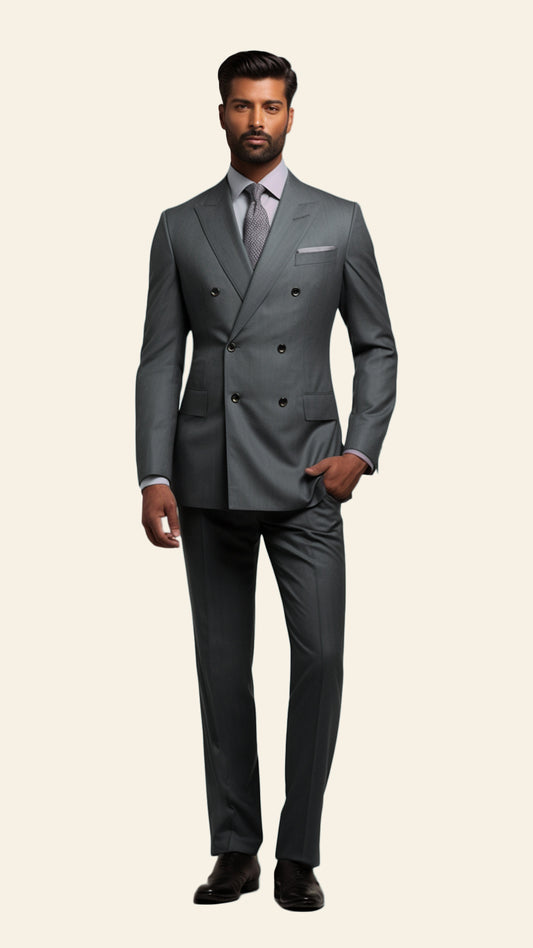 Full view of a custom men's Smoke Grey double-breasted suit crafted by BWO. The suit features a refined and contemporary design, perfect for formal and professional settings.