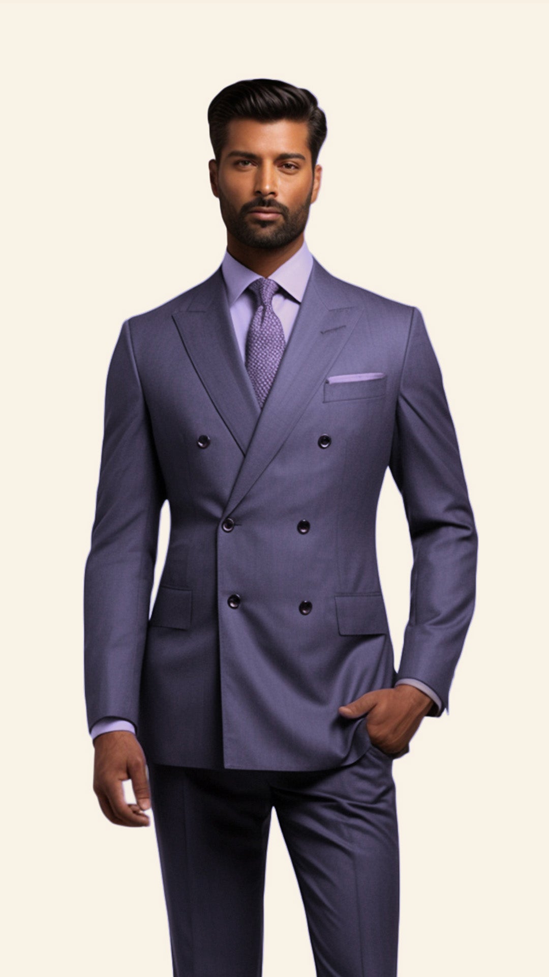 Upper half image of a custom men's Grey Popover double-breasted suit by BWO, highlighting the detailed tailoring and sleek lapel design.