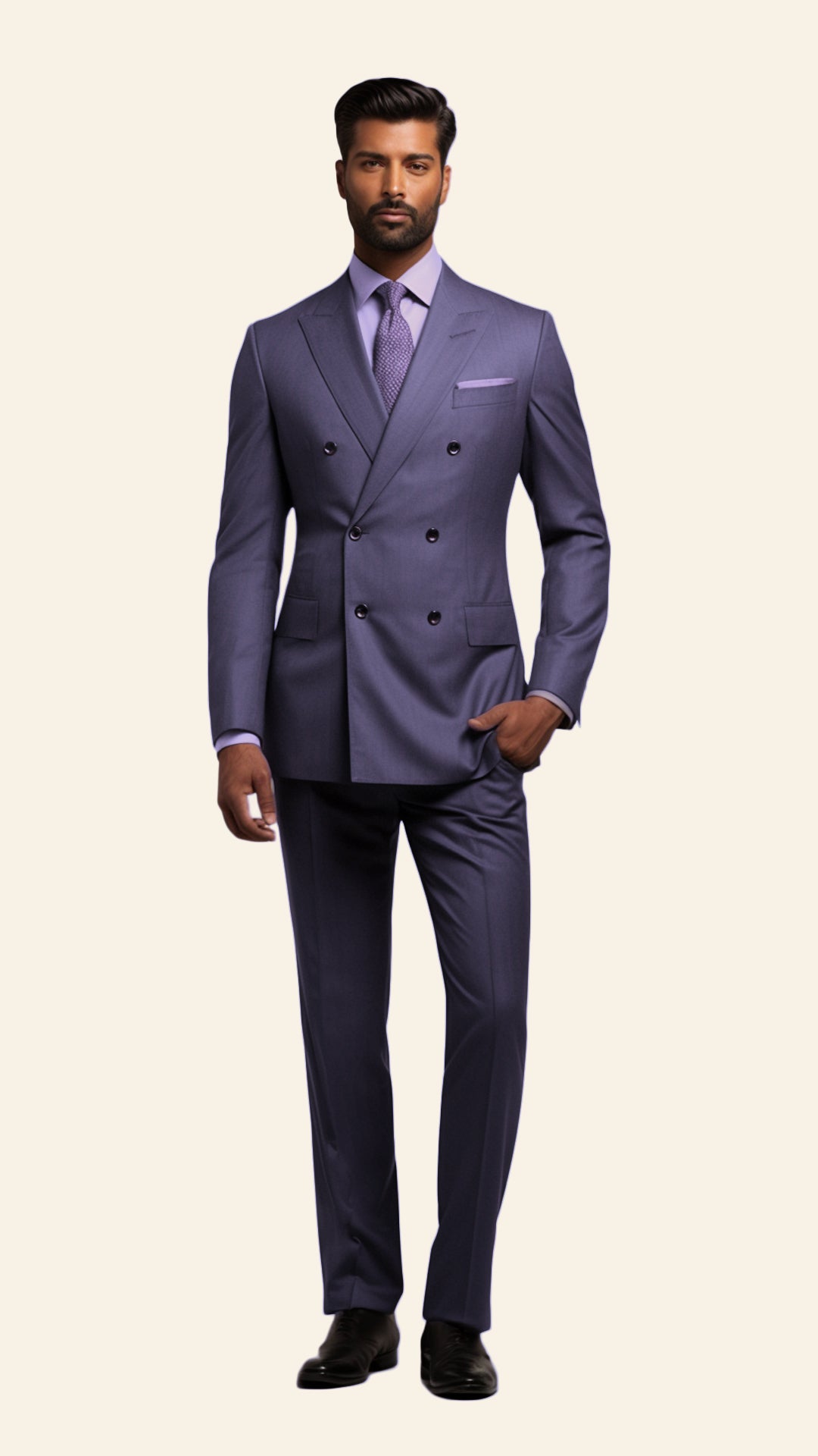 Full view of a custom men's Grey Popover double-breasted suit crafted by BWO. The suit features a modern and sophisticated design, ideal for both formal and semi-formal occasions.