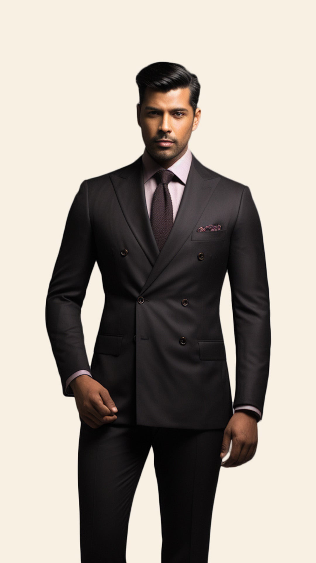 Upper half image of a custom men's Brown double-breasted suit by BWO, focusing on the fine tailoring and sophisticated button arrangement.