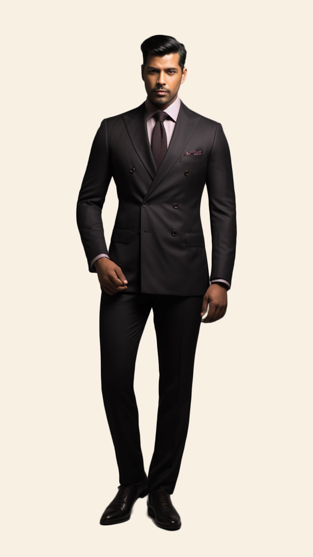 Full view of a custom men's Brown double-breasted suit created by BWO. The suit offers a classic and elegant look, perfect for formal settings.