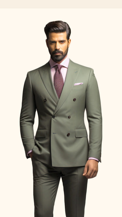 Custom Men's Double-Breasted Green Suit in Olive Drab Shade - Crafted in Terry Rayon by BWO