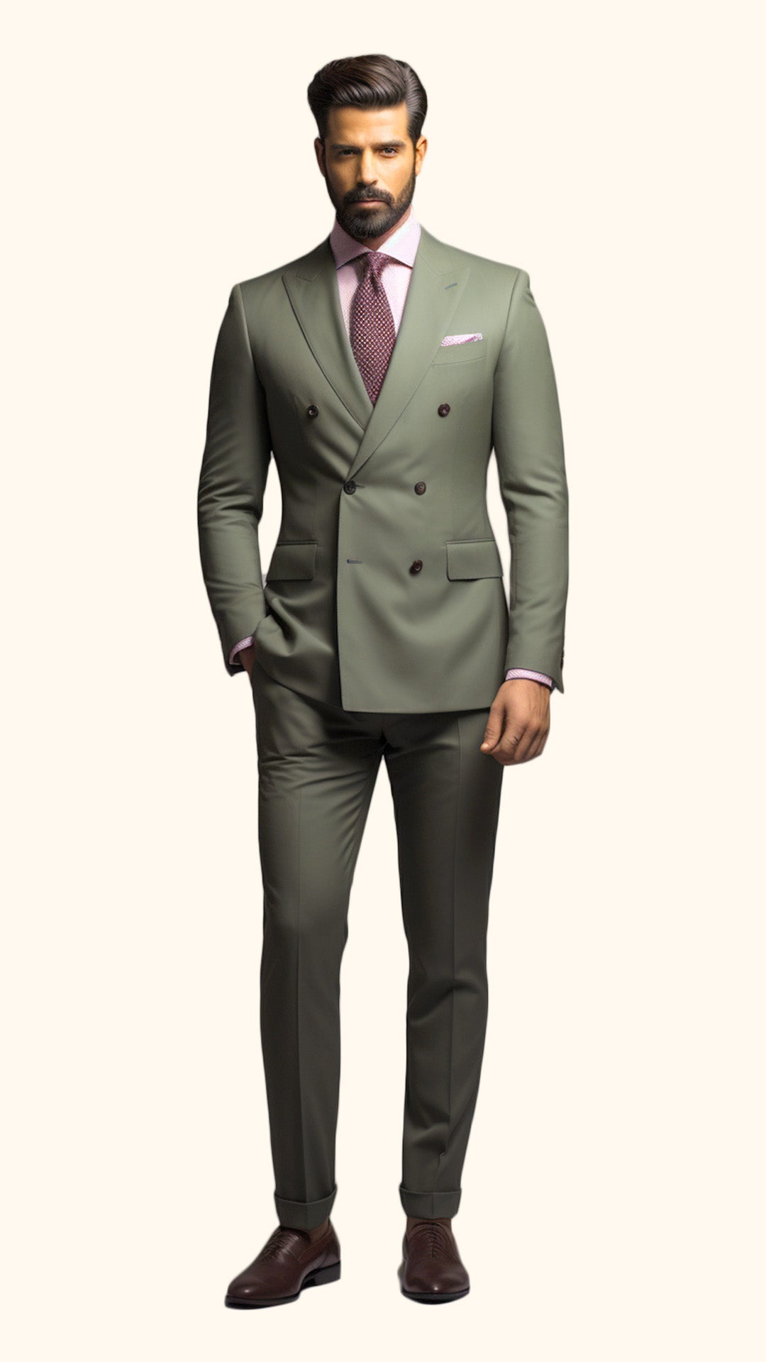 Custom Men's Double-Breasted Green Suit in Olive Drab Shade - Crafted in Terry Rayon by BWO