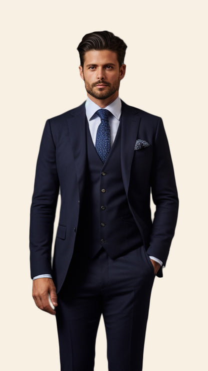 Custom Men's Three-Piece Blue Suit in Navy Shade - Crafted in Terry Rayon by BWO