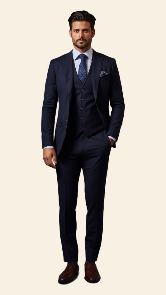 Custom Men's Three-Piece Blue Suit in Navy Shade - Crafted in Terry Rayon by BWO