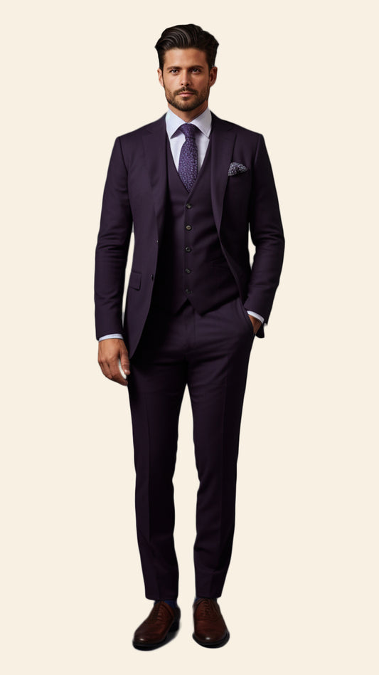Custom Men's Three-Piece Violet Suit in Eggplant Shade - Crafted in Terry Rayon by BWO