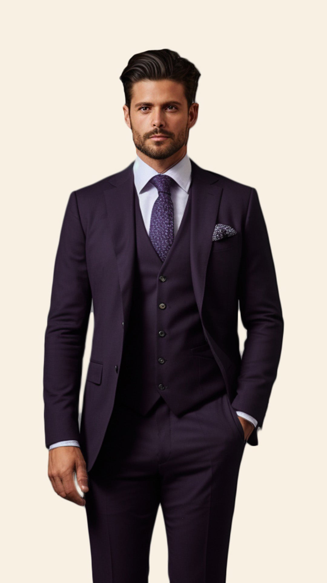 Custom Men's Three-Piece Violet Suit in Eggplant Shade - Crafted in Terry Rayon by BWO