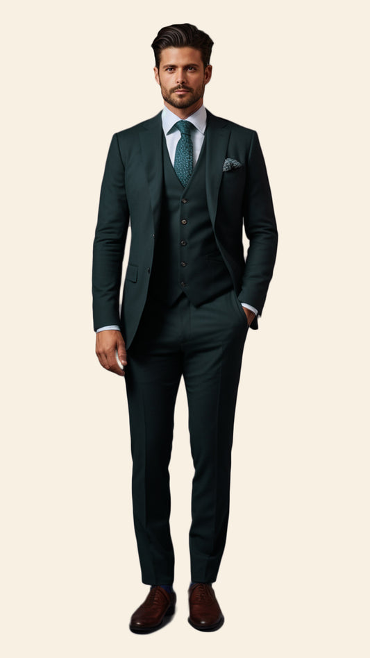 Bespoke Men's Three-Piece Green Suit in Dark Hunter Shade - Crafted in Terry Rayon by BWO
