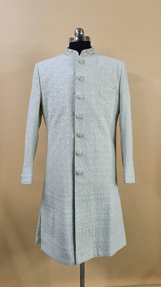 Buy Wedding Outfits Powder Blue Lucknowi Rangoli Sherwani Set - Buyweddingoutfits