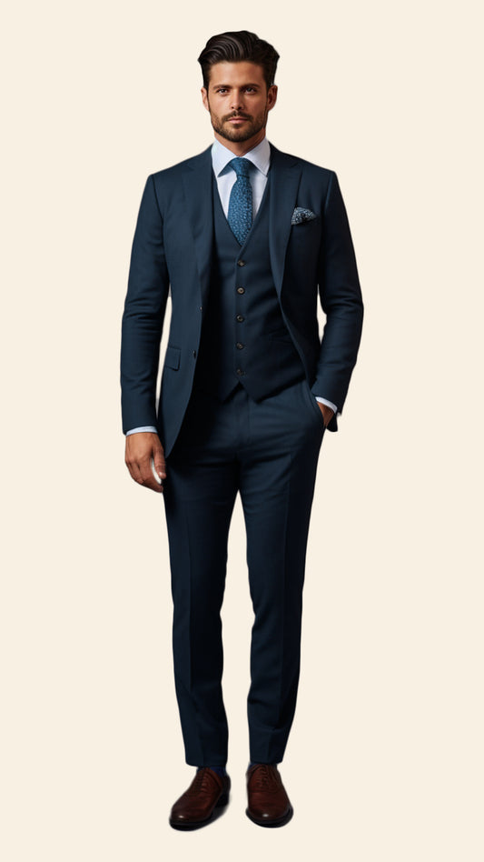 Custom Men's Three-Piece Blue Suit in Aegean Shade - Crafted in Terry Rayon by BWO