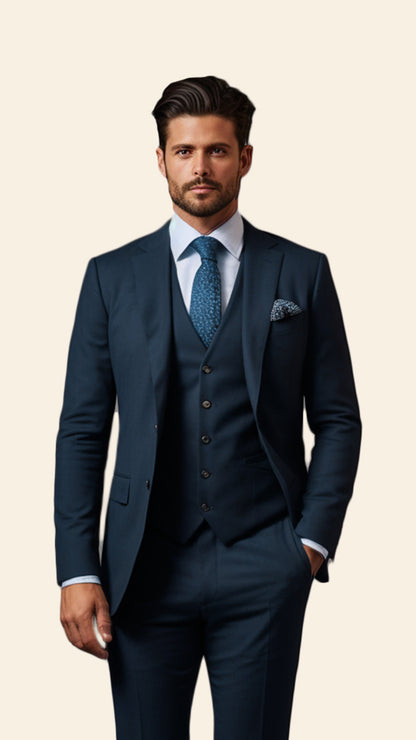 Custom Men's Three-Piece Blue Suit in Aegean Shade - Crafted in Terry Rayon by BWO