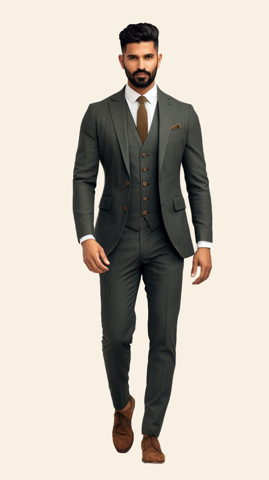 Custom Men's Three-Piece Greenish Grey Suit in Army Shade - Crafted in Terry Rayon by BWO