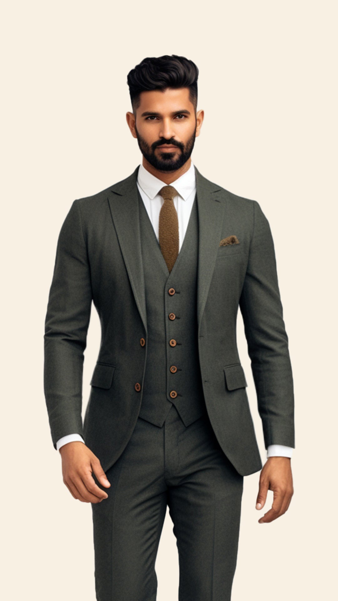 Custom Men's Three-Piece Greenish Grey Suit in Army Shade - Crafted in Terry Rayon by BWO