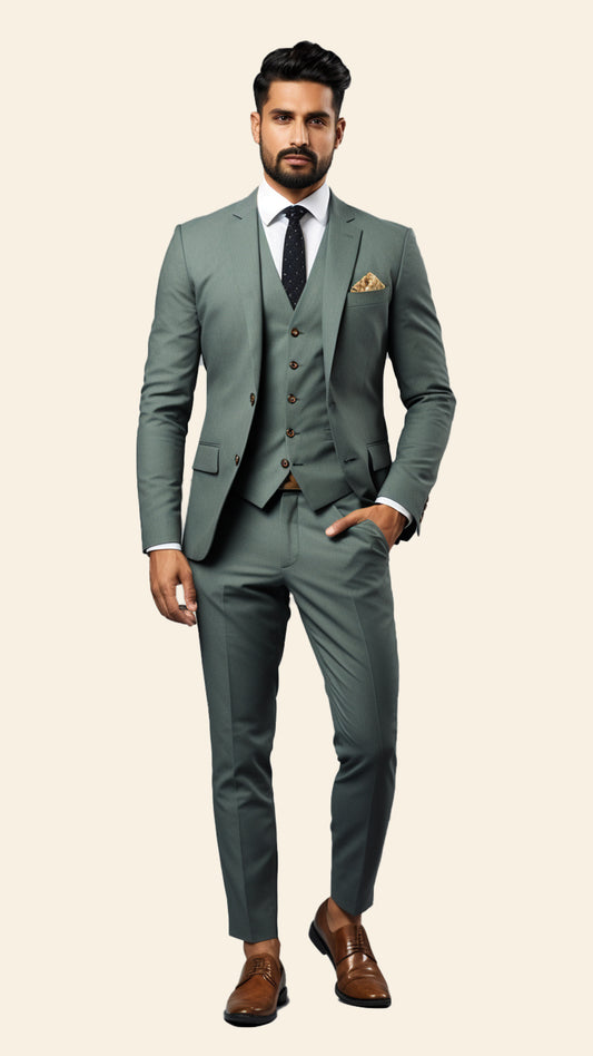 Custom Men's Three-Piece Grey Suit in Light Slate Greenish Shade - Crafted in Terry Rayon by BWO