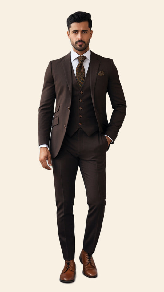 Bespoke Men's Three-Piece Brown Suit in Chocolate Shade - Crafted in Terry Rayon by BWO