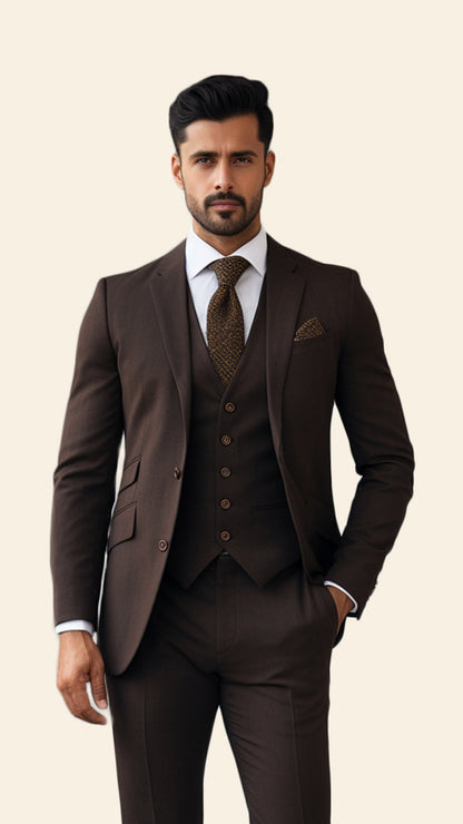 Bespoke Men's Three-Piece Brown Suit in Chocolate Shade - Crafted in Terry Rayon by BWO