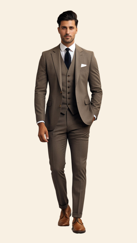 Custom Men's Three-Piece Brown Suit in Light Dijon Shade - Crafted in Terry Rayon by BWO