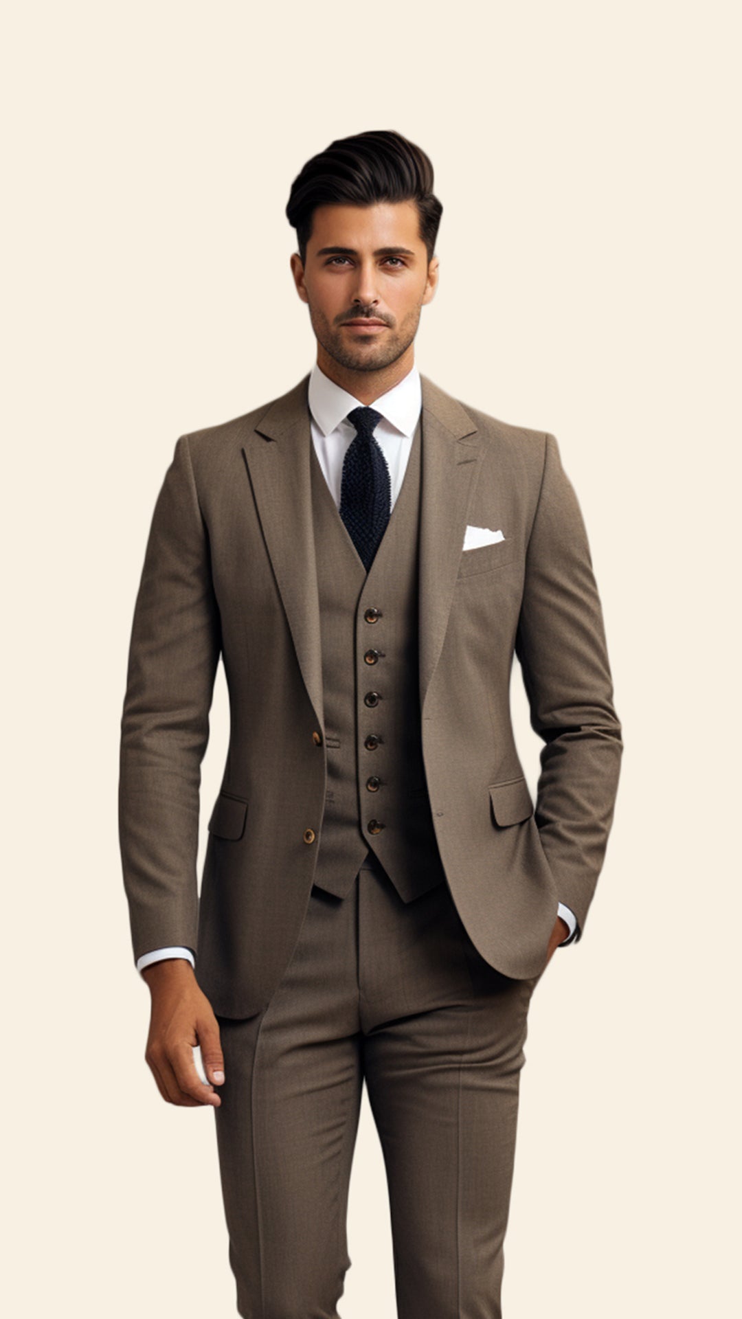 Custom Men's Three-Piece Brown Suit in Light Dijon Shade - Crafted in Terry Rayon by BWO