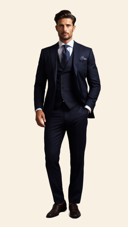 Bespoke Men's Three-Piece Blue Suit in Dark Denim Shade - Crafted in Terry Rayon by BWO