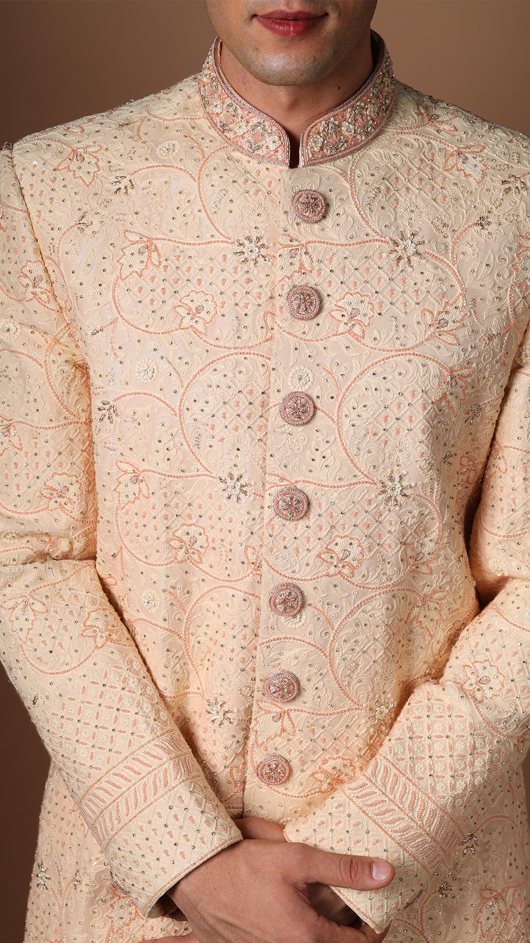 Peach Lucknowi Hand Embroidered Sherwani with Off-White Bottoms