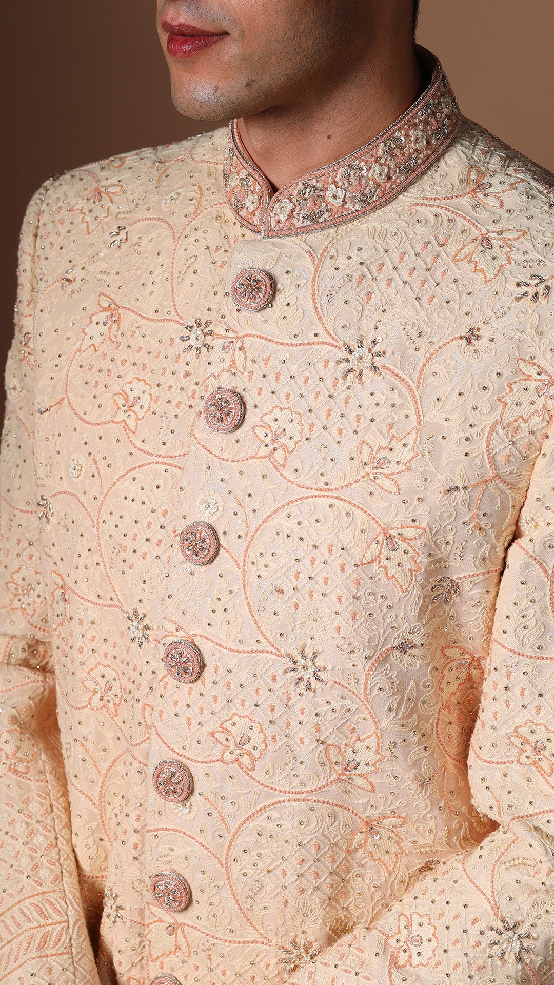 Peach Lucknowi Hand Embroidered Sherwani with Off-White Bottoms