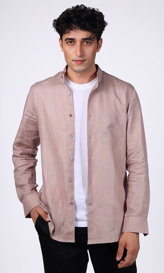 Model sporting a pink linen overshirt, open front styled with a white tee underneath, ideal for casual outings or trendy streetwear looks.